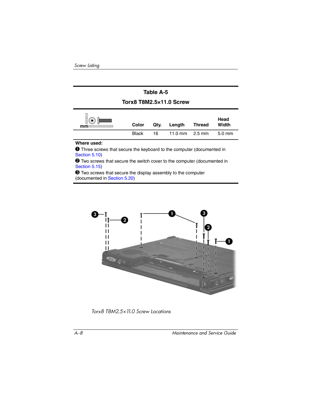 Compaq NC6400 manual Table A-5 Torx8 T8M2.5×11.0 Screw, Color Qty Length Thread Width Black 11.0 mm Where used 