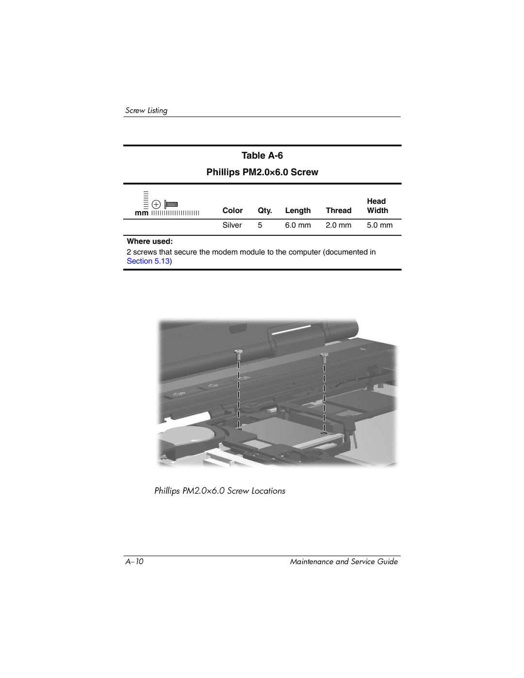 Compaq NC6400 manual Table A-6 Phillips PM2.0×6.0 Screw, Color Qty Length Thread Width Silver Where used 