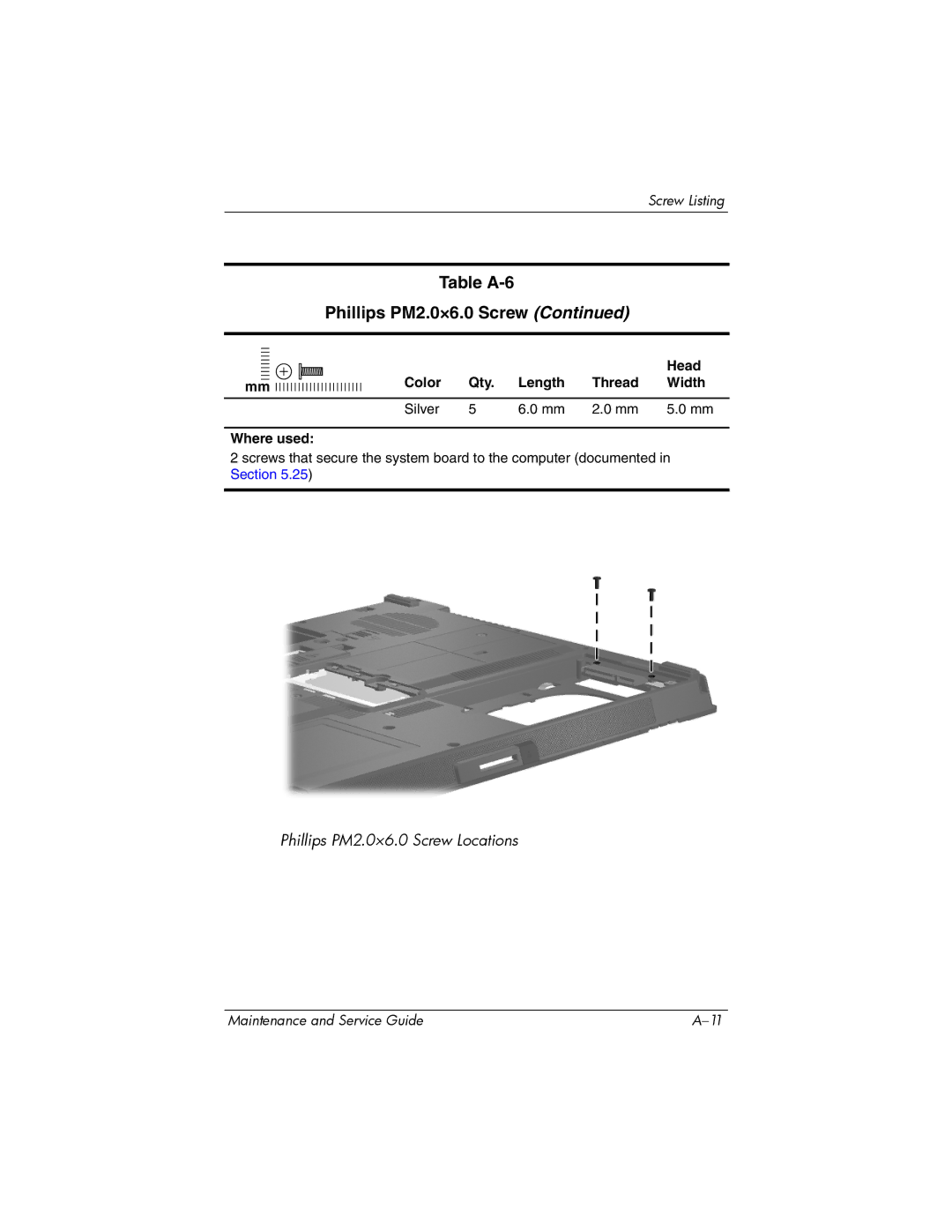 Compaq NC6400 manual Table A-6 Phillips PM2.0×6.0 Screw 