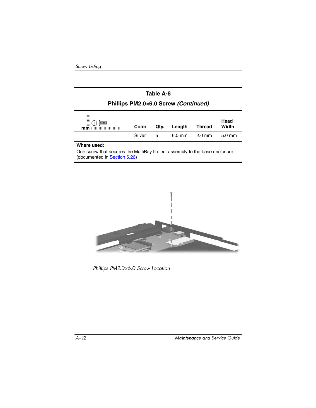 Compaq NC6400 manual Phillips PM2.0×6.0 Screw Location 