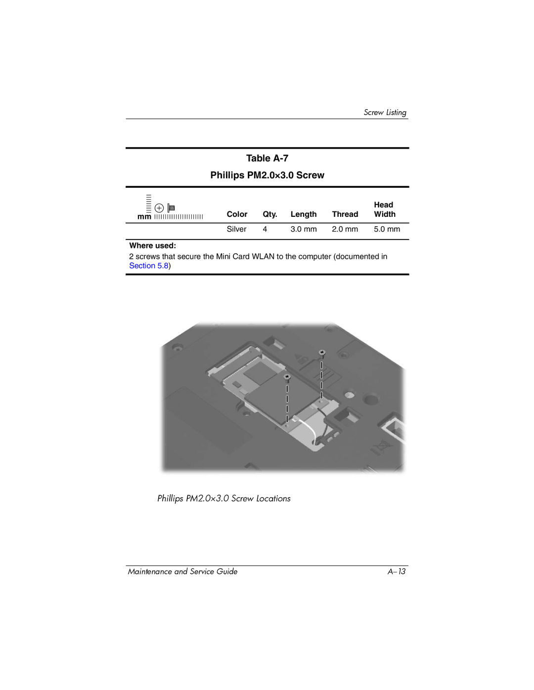 Compaq NC6400 manual Table A-7 Phillips PM2.0×3.0 Screw 