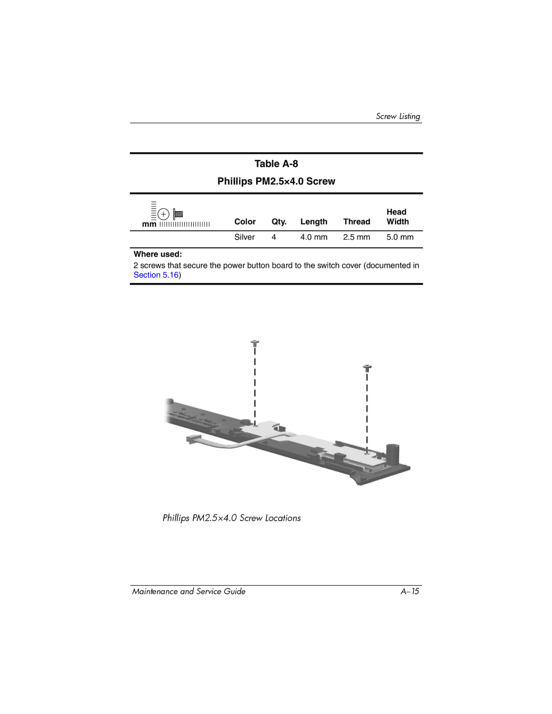 Compaq NC6400 manual Table A-8 Phillips PM2.5×4.0 Screw 