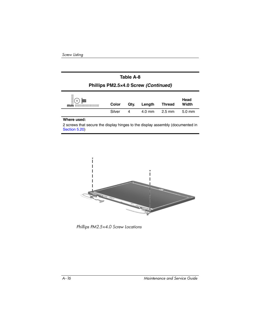 Compaq NC6400 manual Table A-8 Phillips PM2.5×4.0 Screw 