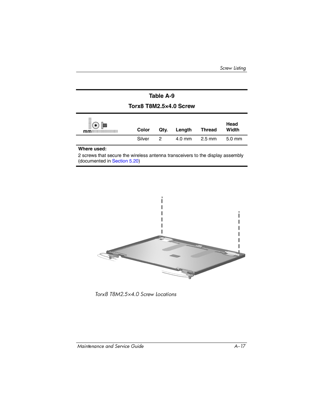 Compaq NC6400 manual Table A-9 Torx8 T8M2.5×4.0 Screw 