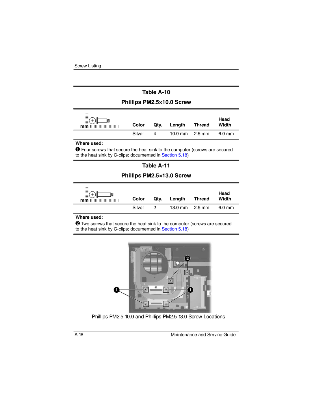 Compaq NC6400 manual Table A-10 Phillips PM2.5×10.0 Screw, Table A-11 Phillips PM2.5×13.0 Screw 