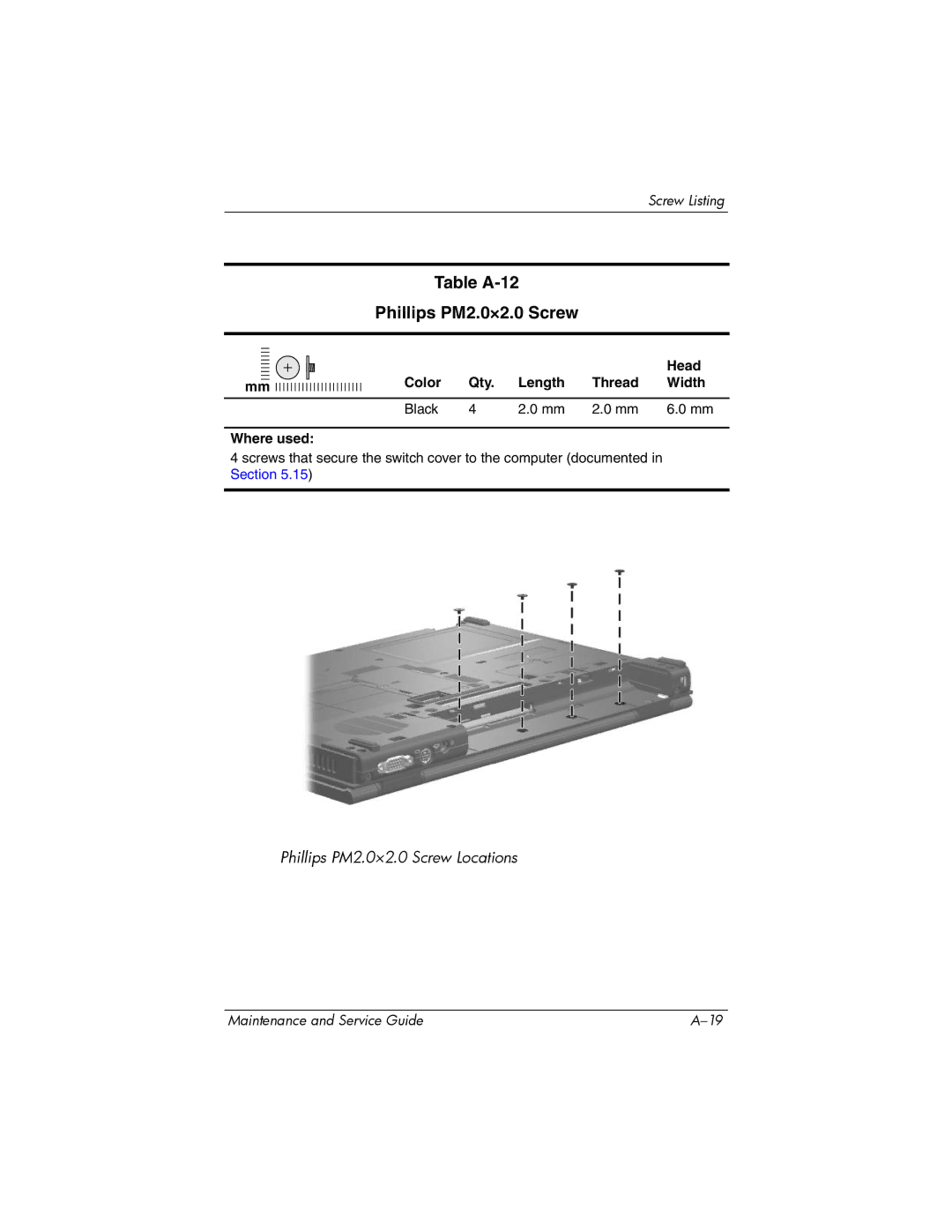 Compaq NC6400 manual Table A-12 Phillips PM2.0×2.0 Screw, Color Qty Length Thread Width Black Where used 