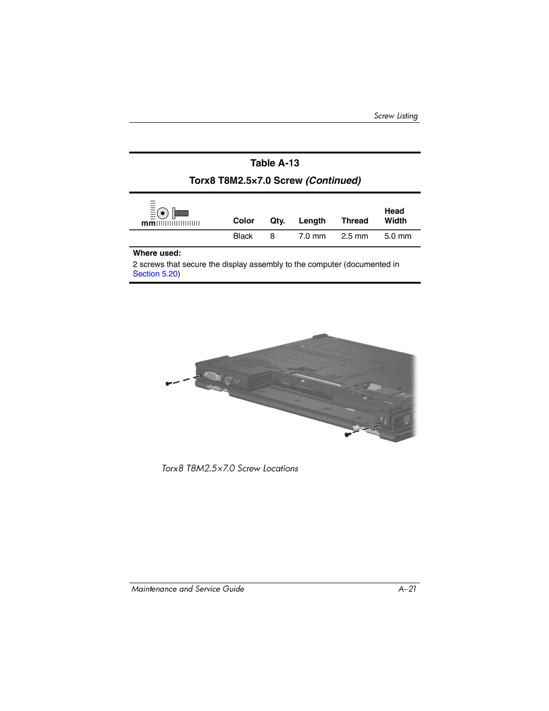 Compaq NC6400 manual Torx8 T8M2.5×7.0 Screw Locations 