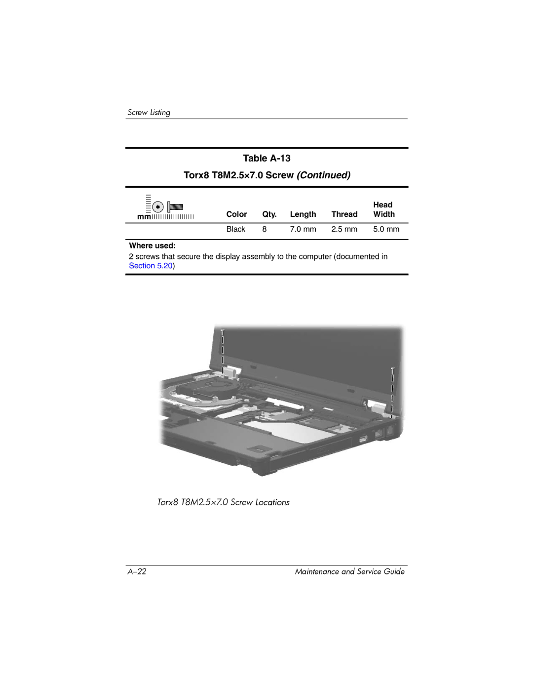 Compaq NC6400 manual Table A-13 Torx8 T8M2.5×7.0 Screw 