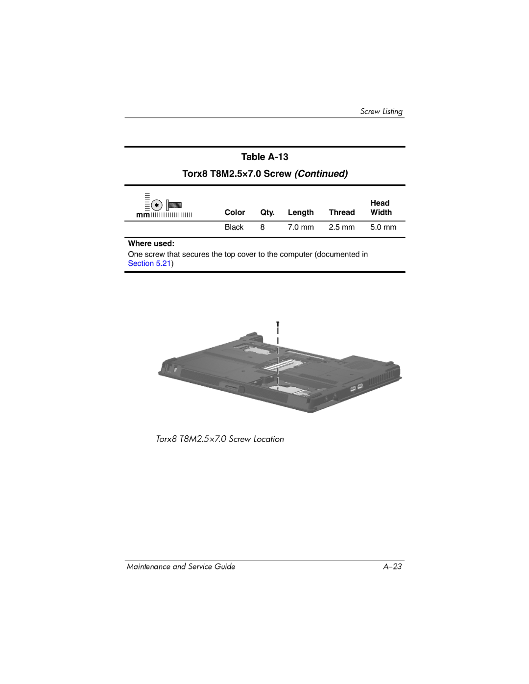 Compaq NC6400 manual Torx8 T8M2.5×7.0 Screw Location 