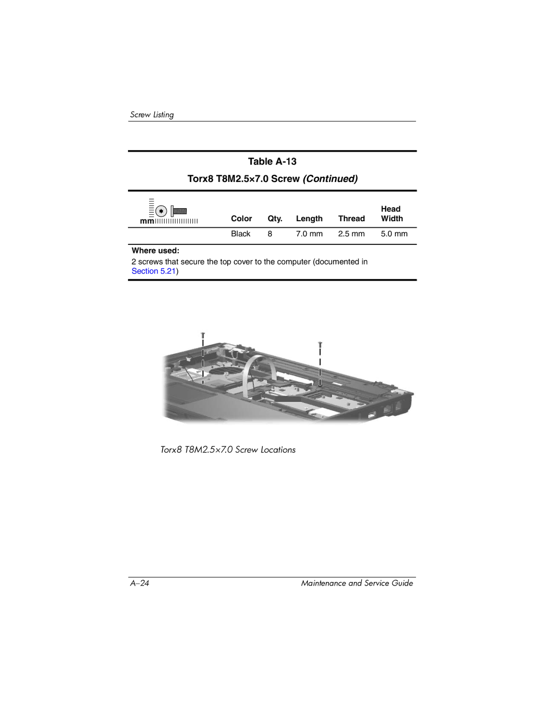 Compaq NC6400 manual Table A-13 Torx8 T8M2.5×7.0 Screw 