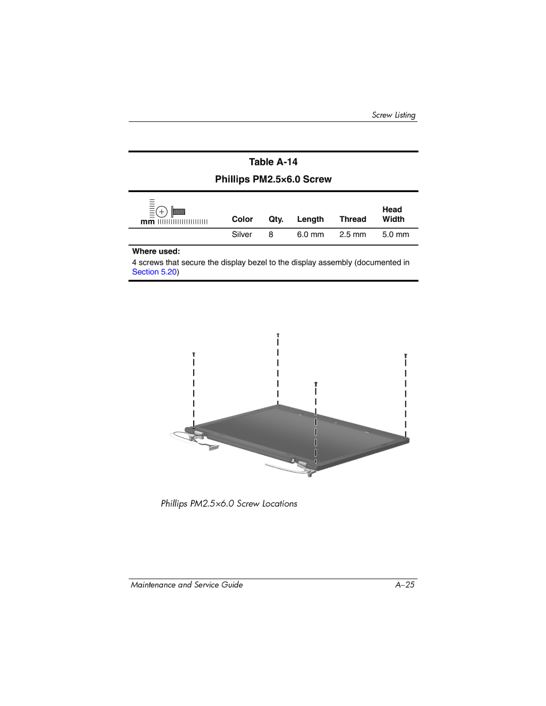 Compaq NC6400 manual Table A-14 Phillips PM2.5×6.0 Screw, Color Qty Length Thread Width Silver Where used 