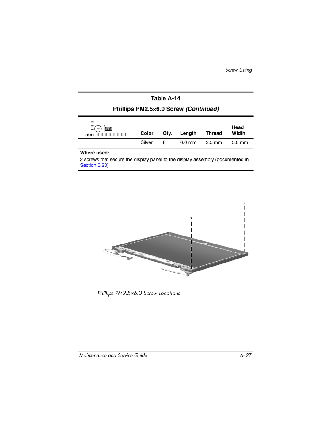 Compaq NC6400 manual Table A-14 Phillips PM2.5×6.0 Screw 