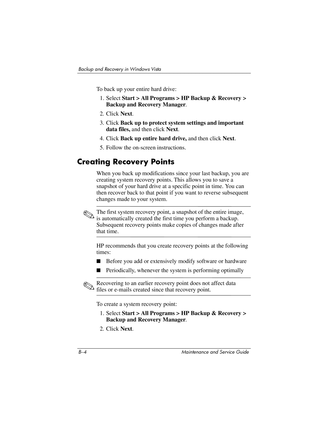 Compaq NC6400 manual Creating Recovery Points 