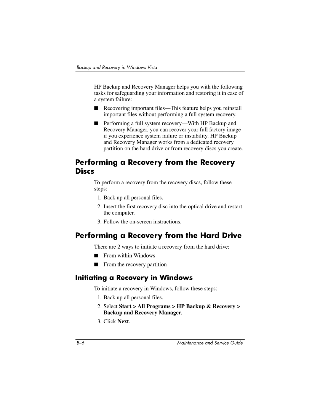 Compaq NC6400 manual Performing a Recovery from the Recovery Discs, Initiating a Recovery in Windows 