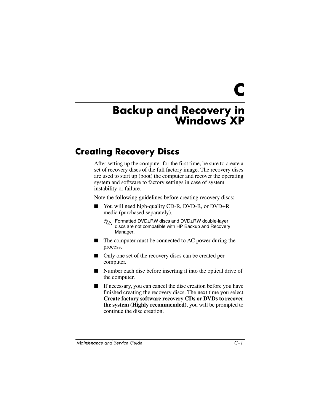 Compaq NC6400 manual Backup and Recovery in Windows XP, Creating Recovery Discs 