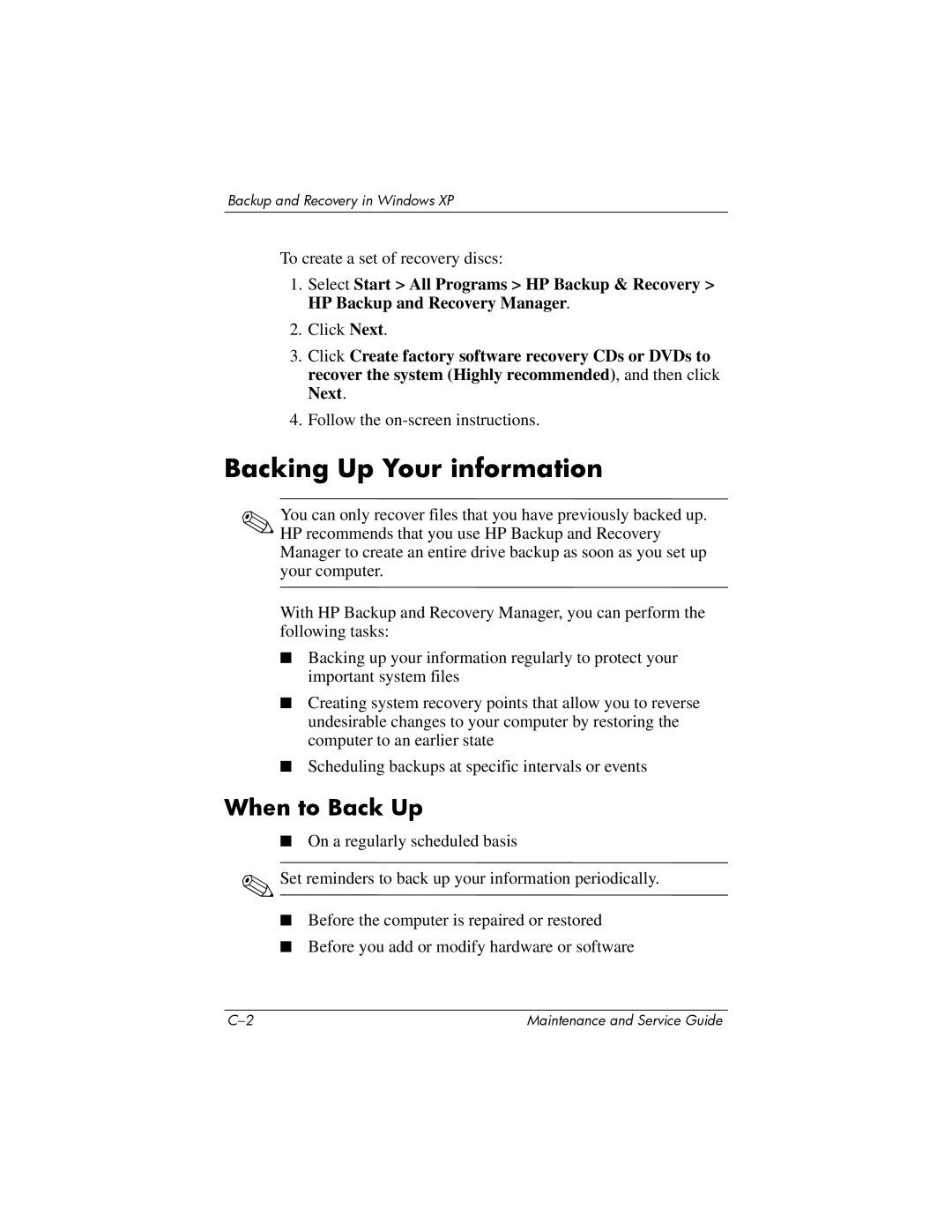 Compaq NC6400 manual Backing Up Your information 