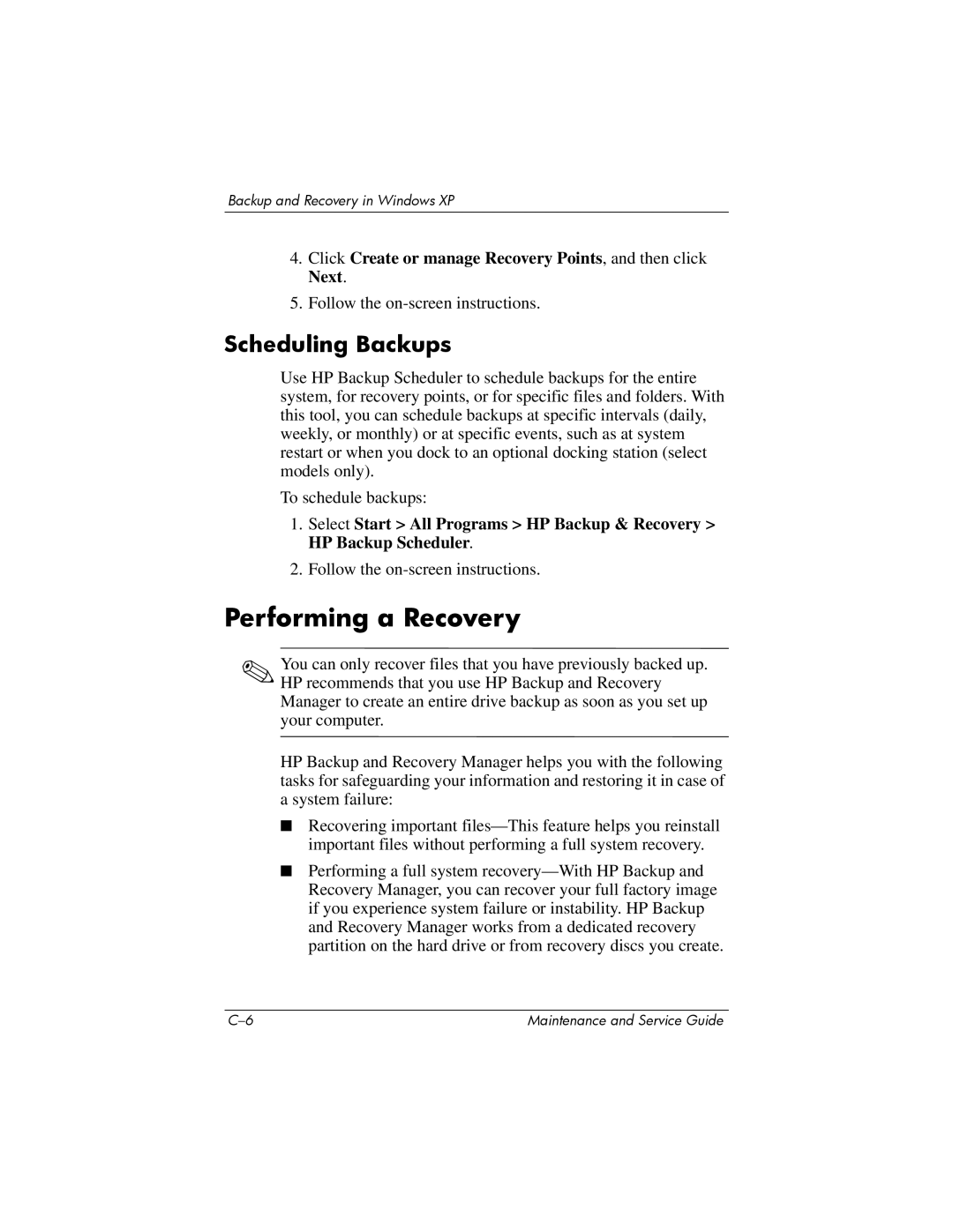 Compaq NC6400 manual Performing a Recovery 