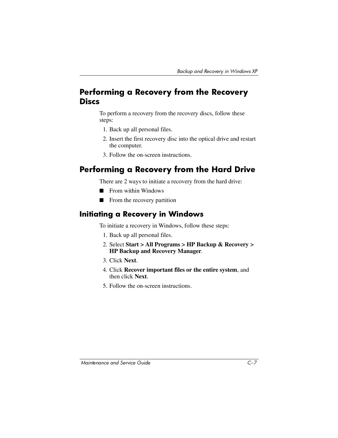 Compaq NC6400 manual Performing a Recovery from the Recovery Discs 