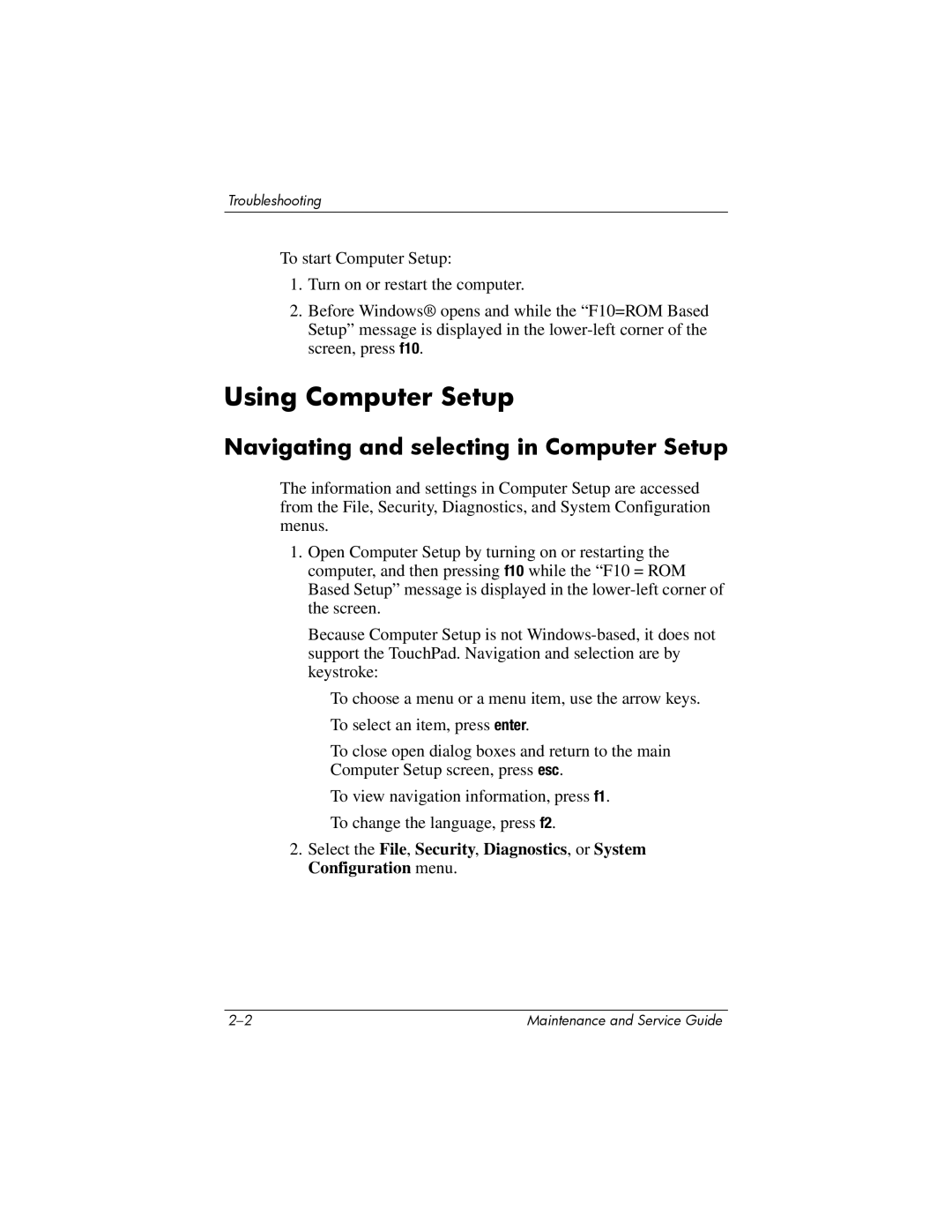 Compaq NC6400 manual Using Computer Setup, Navigating and selecting in Computer Setup 