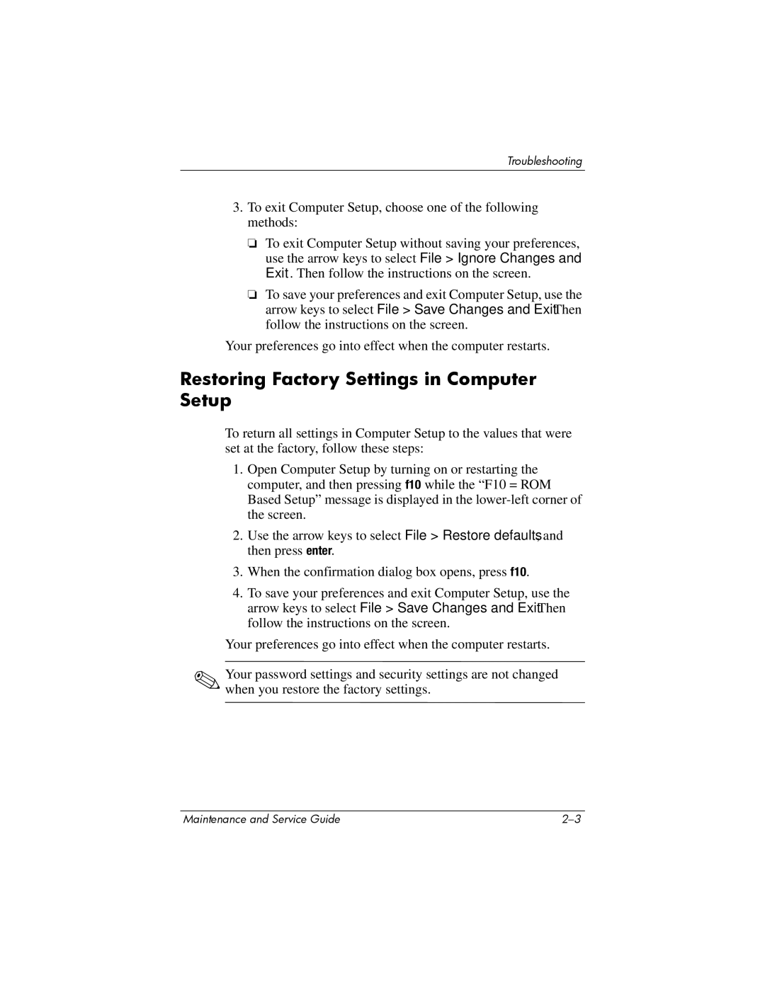 Compaq NC6400 manual Restoring Factory Settings in Computer Setup 