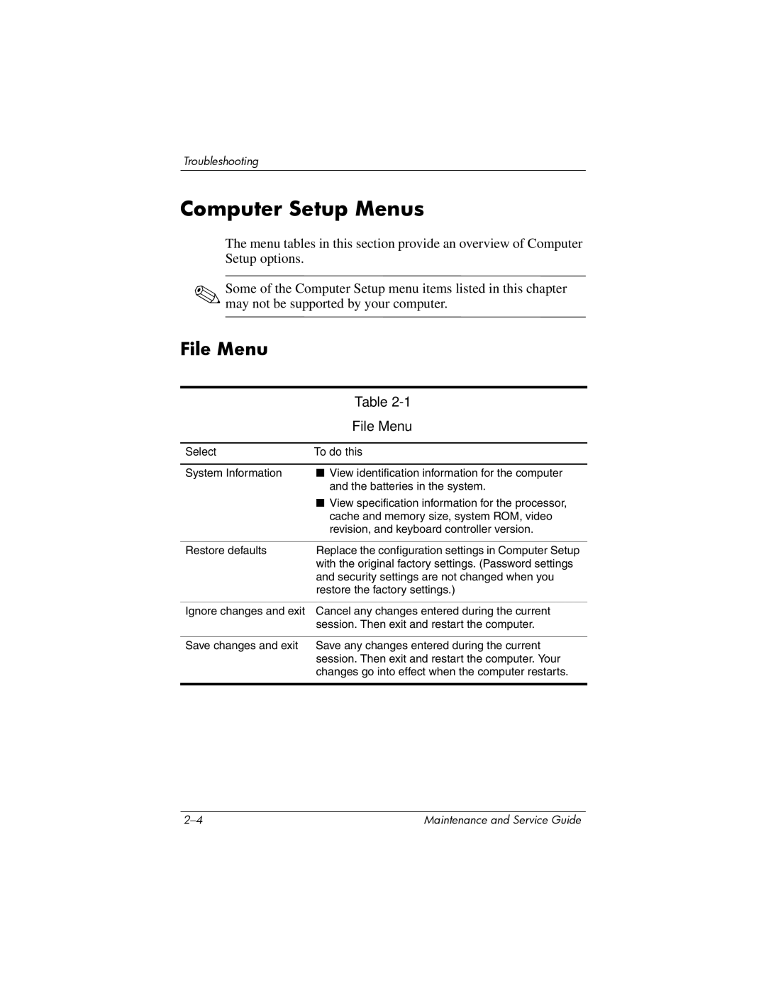 Compaq NC6400 manual Computer Setup Menus, File Menu, Select To do this 