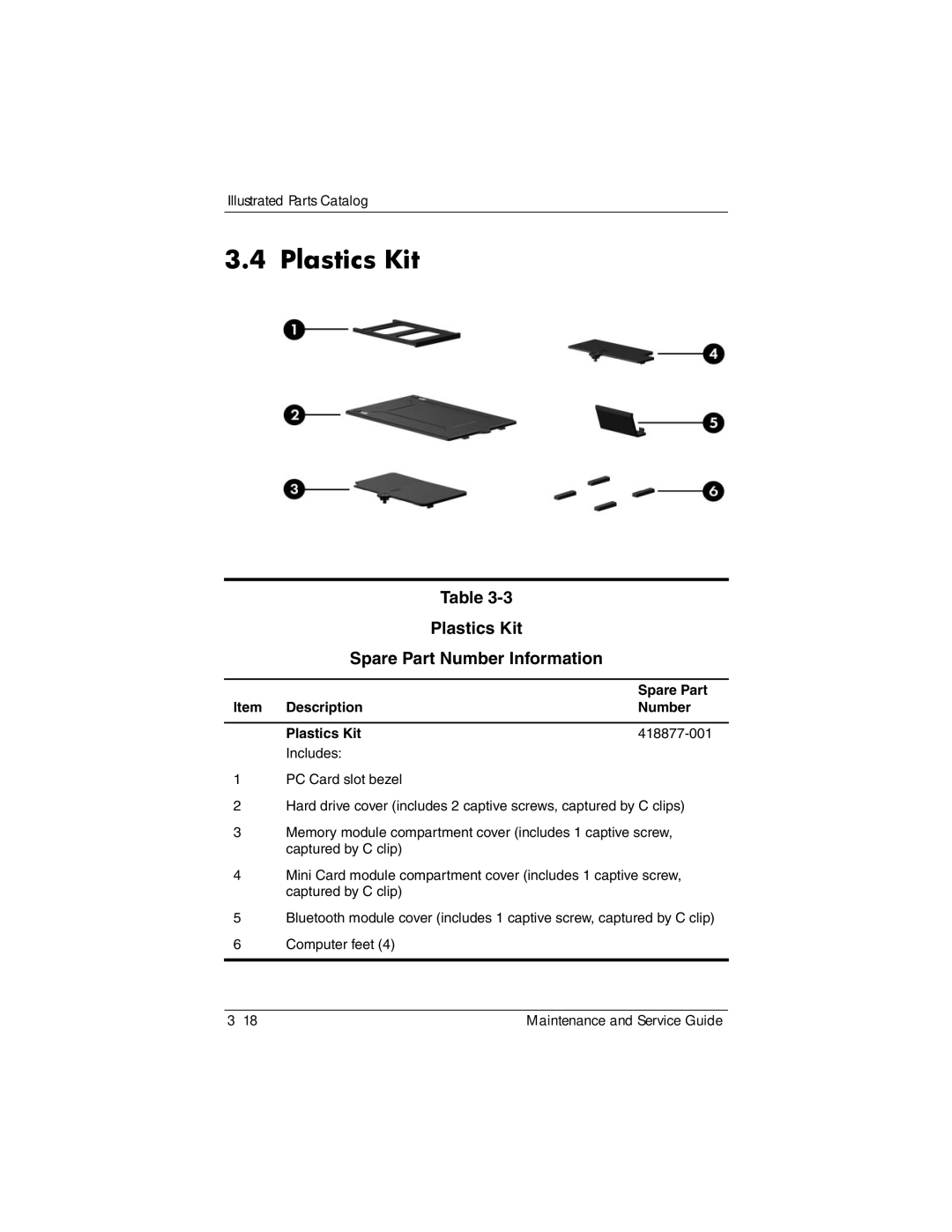 Compaq NC6400 Plastics Kit Spare Part Number Information, Item Description Number Plastics Kit 418877-001 Includes 