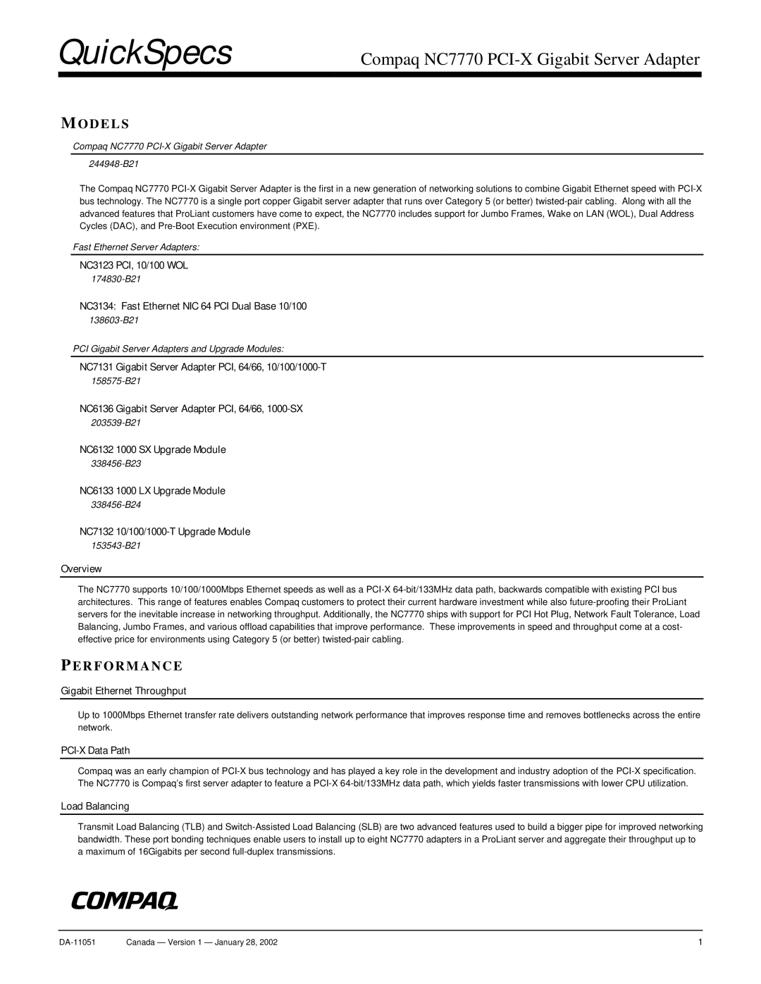 Compaq NC7770 manual Models, Performance 