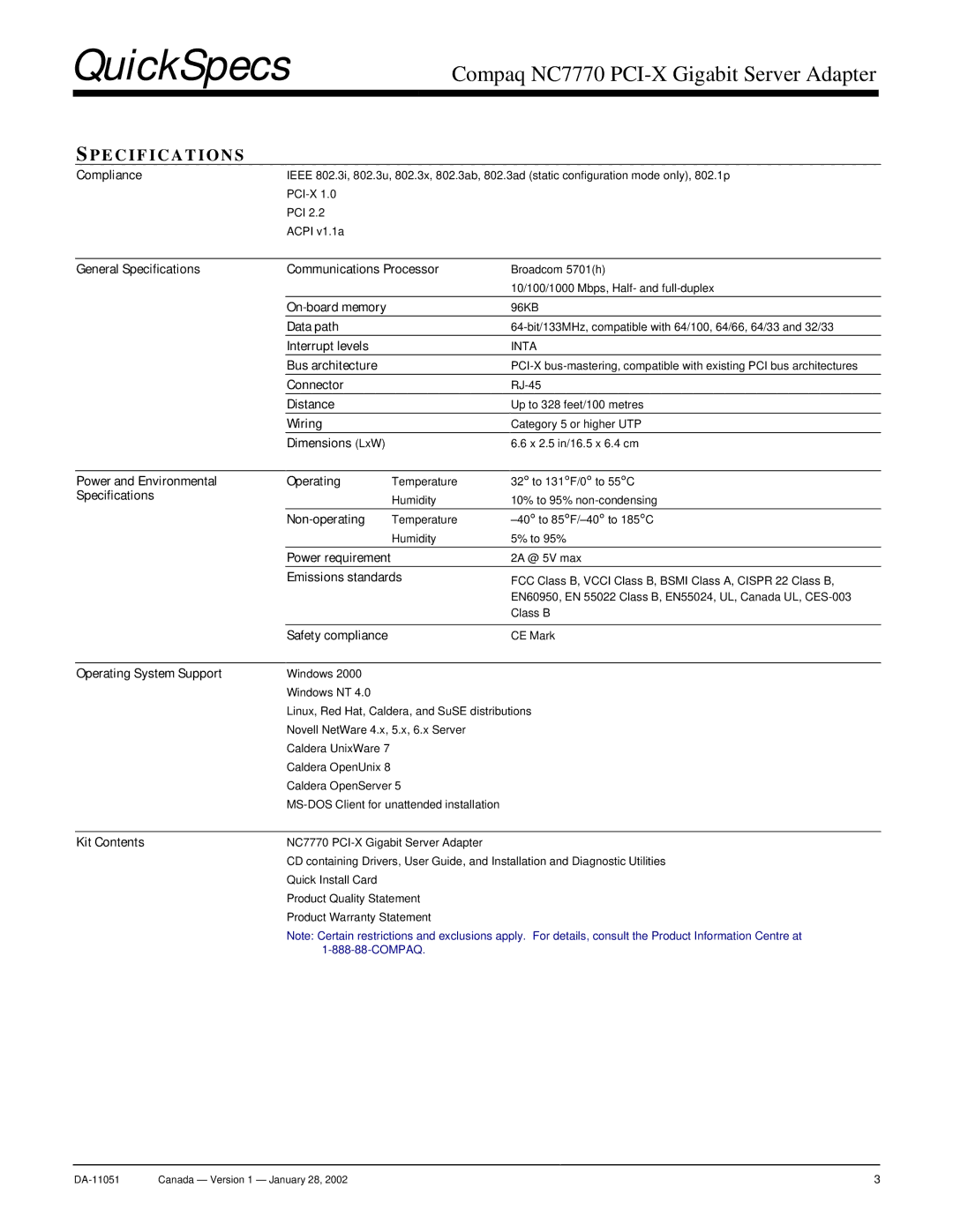 Compaq NC7770 manual Specifications 