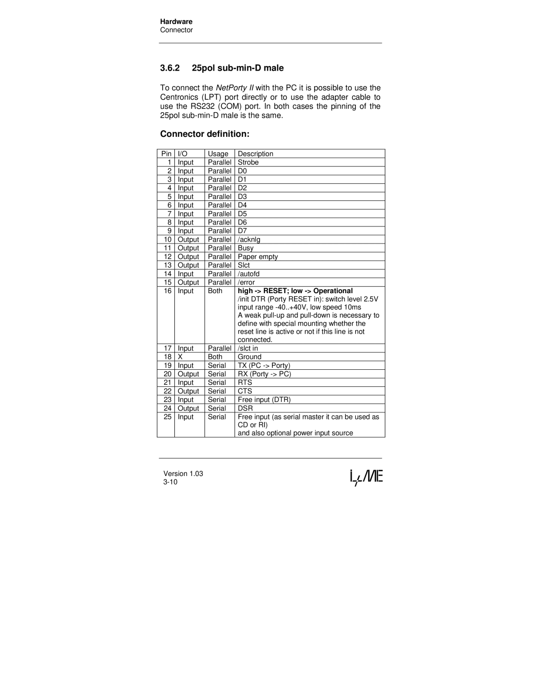 Compaq NetPorty II manual 2 25pol sub-min-D male, Connector definition 