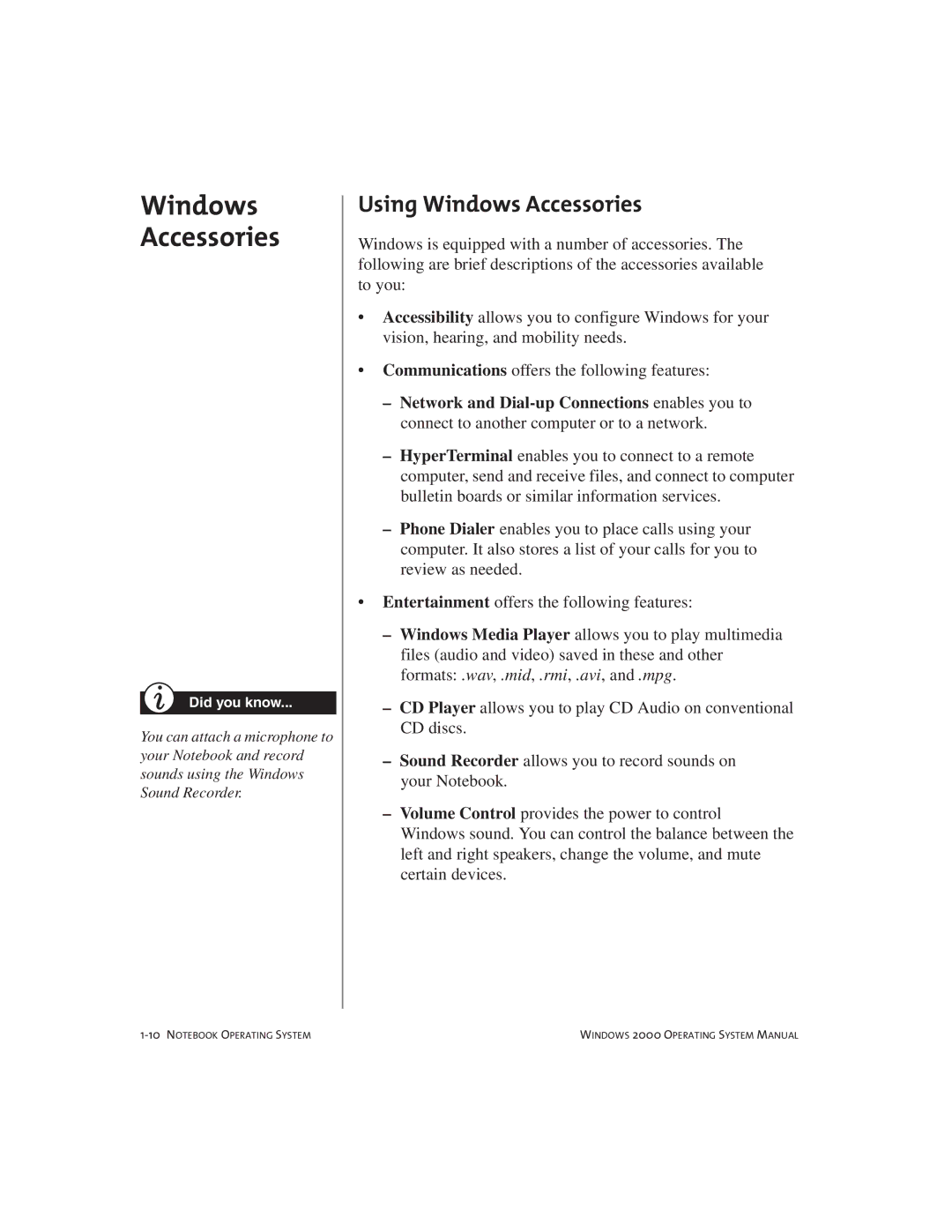 Compaq Notebook PC manual Using Windows Accessories 