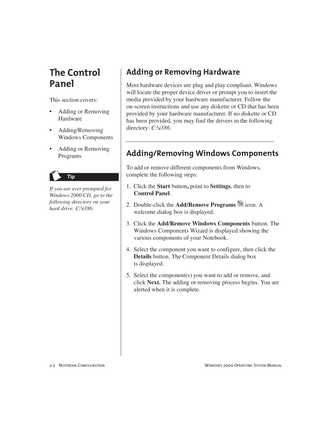 Compaq Notebook PC manual Adding or Removing Hardware, Adding/Removing Windows Components 