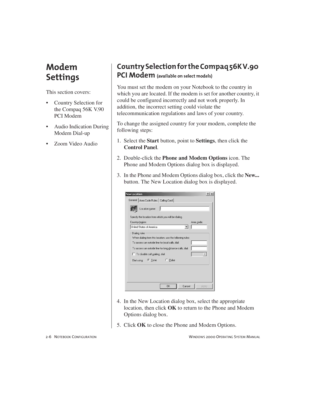 Compaq Notebook PC manual Modem Settings, Country Selection for the Compaq 56K 