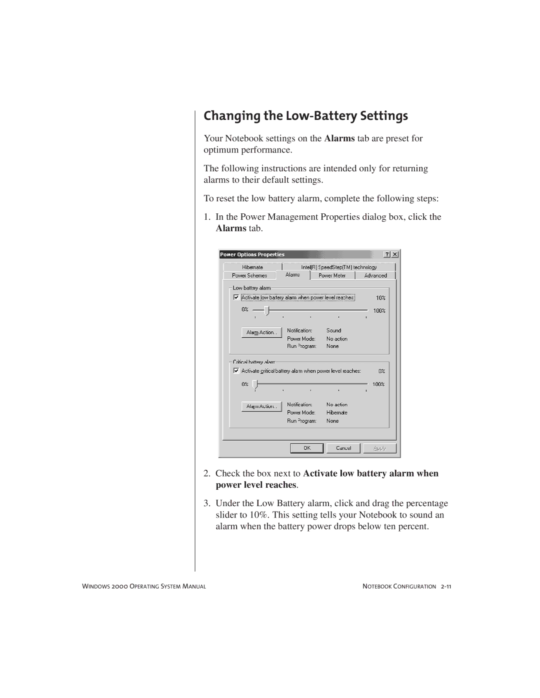 Compaq Notebook PC manual Changing the Low-Battery Settings 