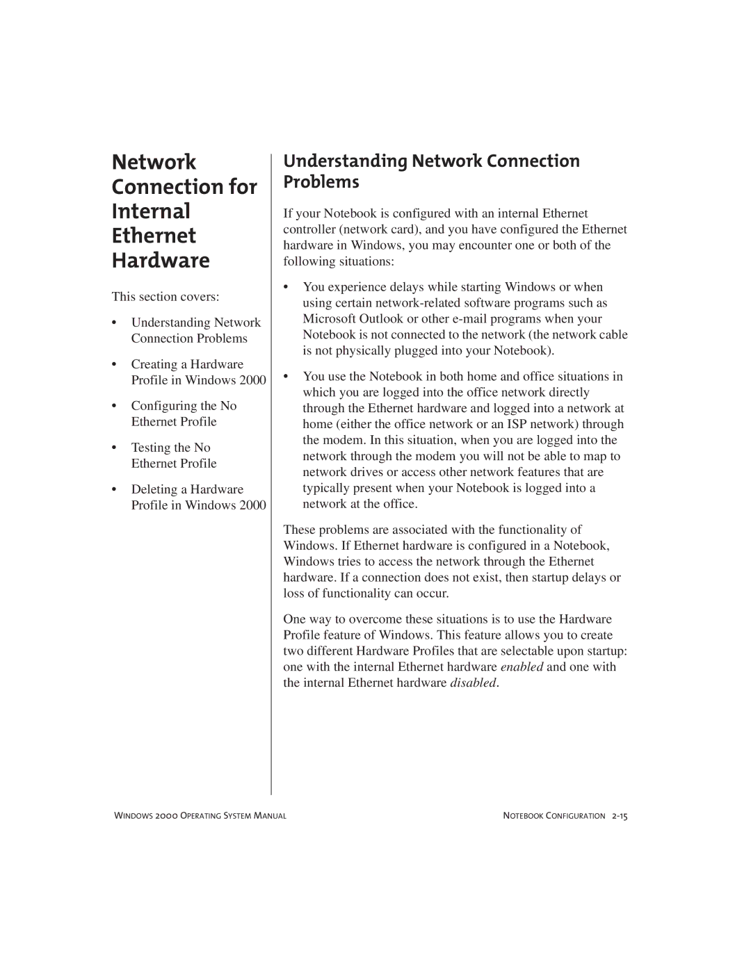 Compaq Notebook PC manual Network Connection for Internal Ethernet Hardware, Understanding Network Connection Problems 