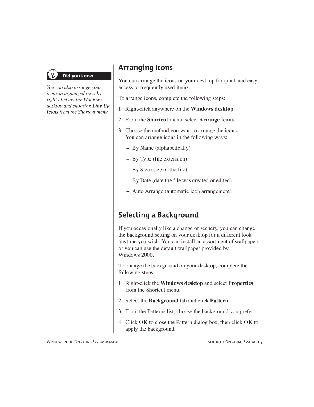 Compaq Notebook PC manual Arranging Icons, Selecting a Background 