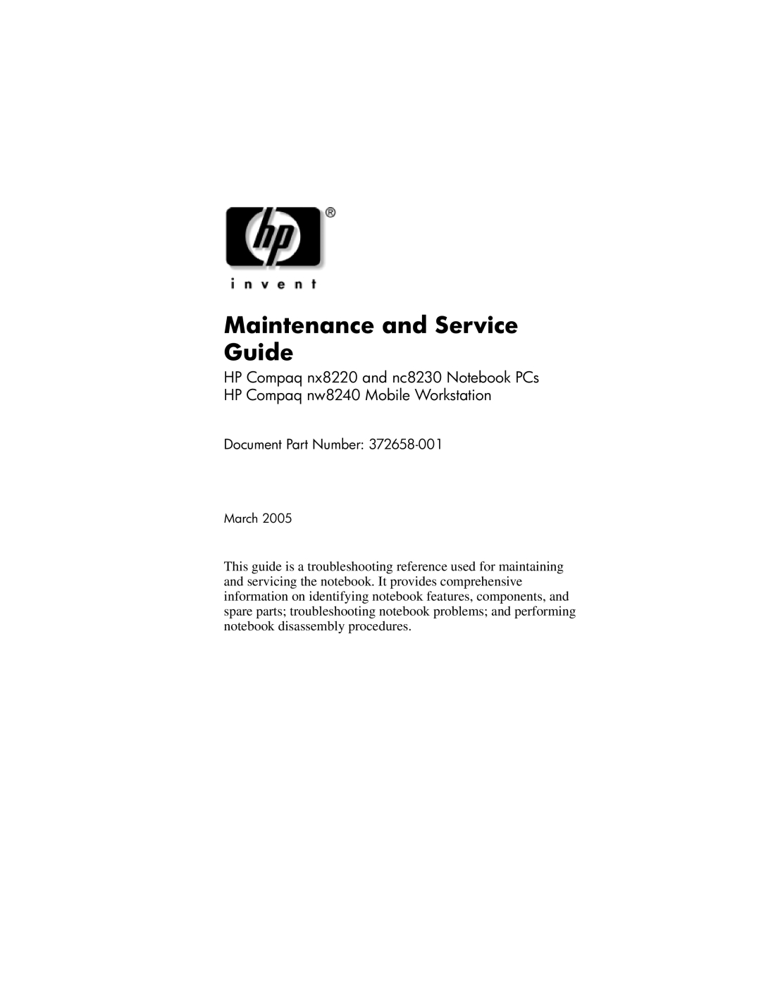 Compaq NX8220, NW8240, NC8230 manual Maintenance and Service Guide 