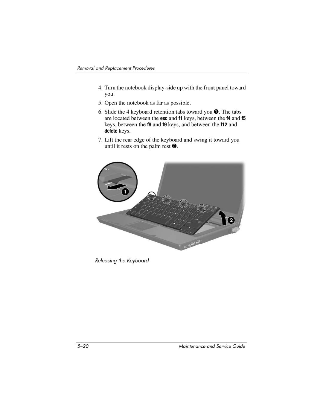 Compaq NX8220, NW8240, NC8230 manual Releasing the Keyboard 