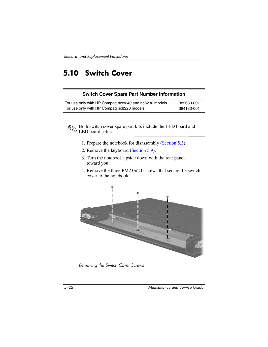 Compaq NW8240, NX8220, NC8230 manual Switch Cover Spare Part Number Information 