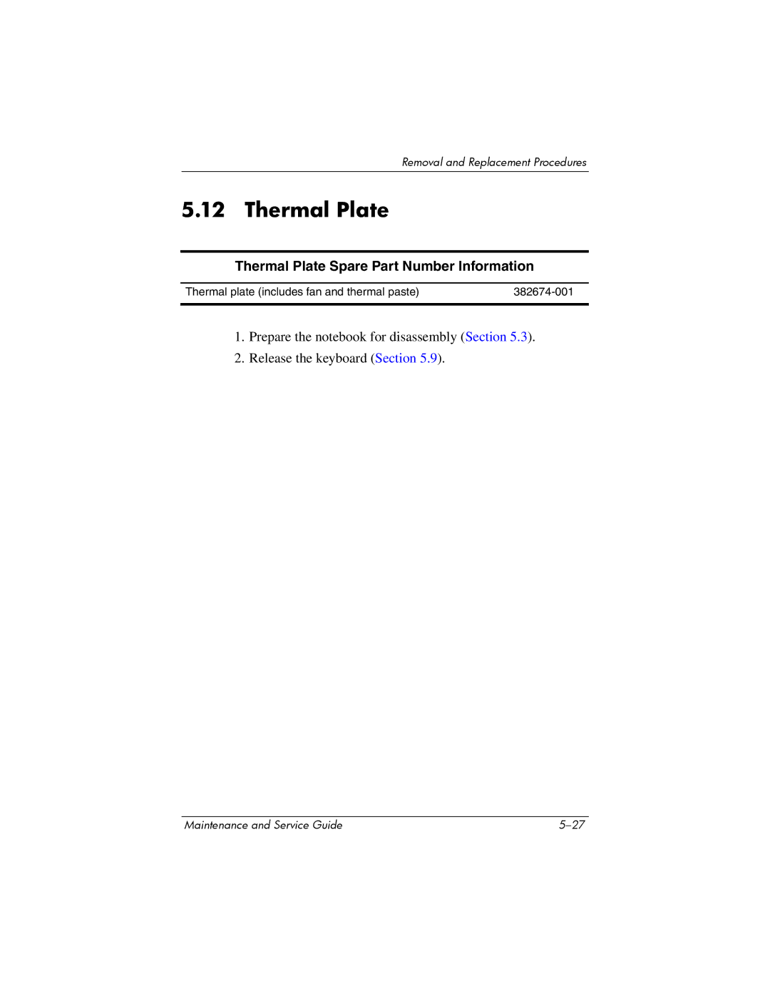 Compaq NC8230, NW8240, NX8220 manual Thermal Plate Spare Part Number Information 