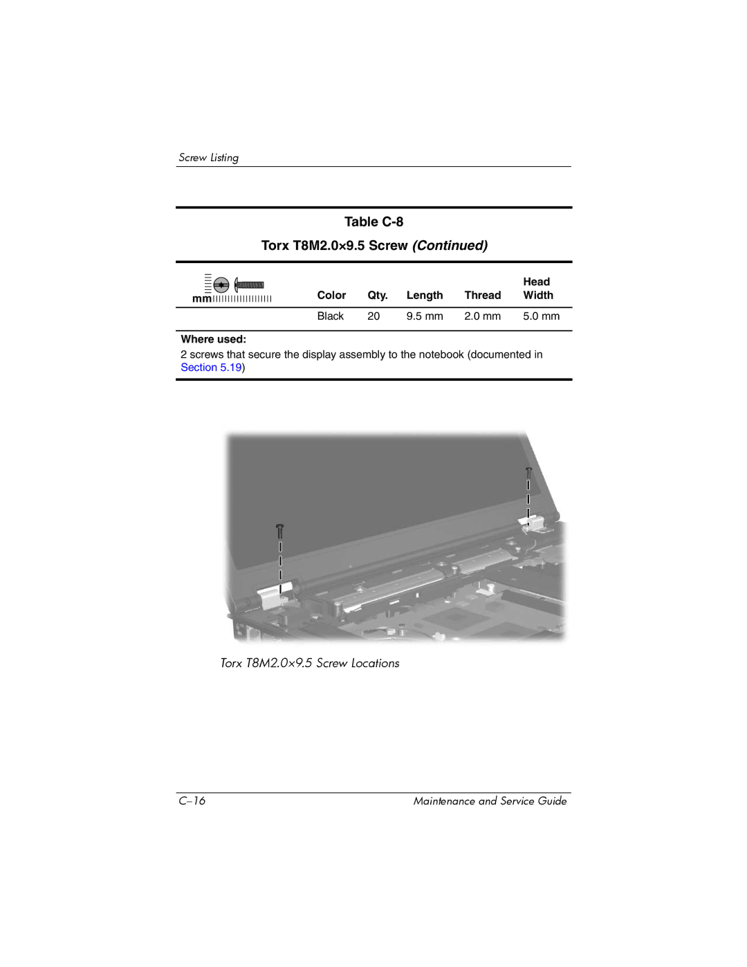 Compaq NX8220, NW8240, NC8230 manual Table C-8 Torx T8M2.0×9.5 Screw 