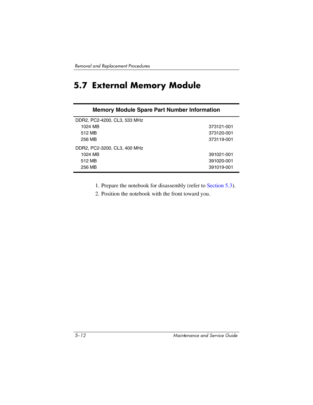 Compaq NC8230, NW8240, NX8220 manual External Memory Module, Memory Module Spare Part Number Information 