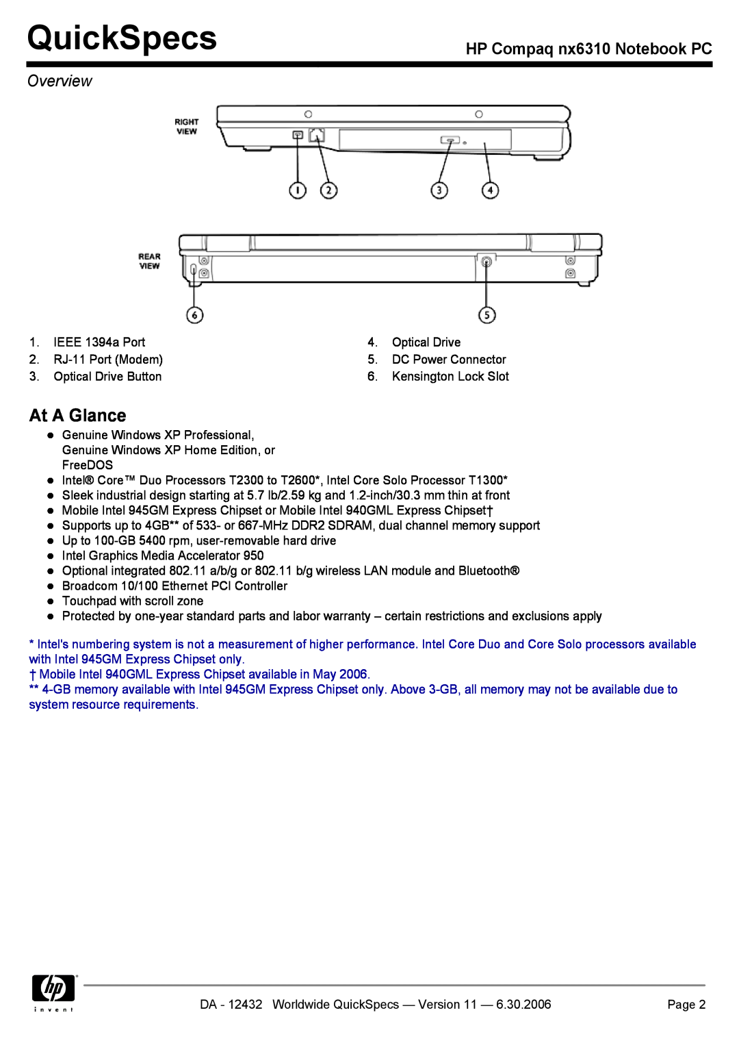 Compaq NX6310 manual At A Glance, QuickSpecs, HP Compaq nx6310 Notebook PC, Overview 