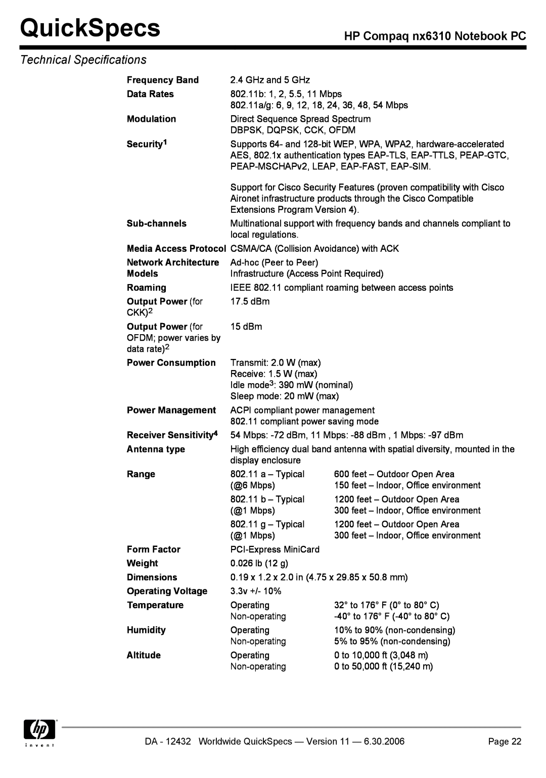 Compaq NX6310 manual QuickSpecs, HP Compaq nx6310 Notebook PC, Technical Specifications 