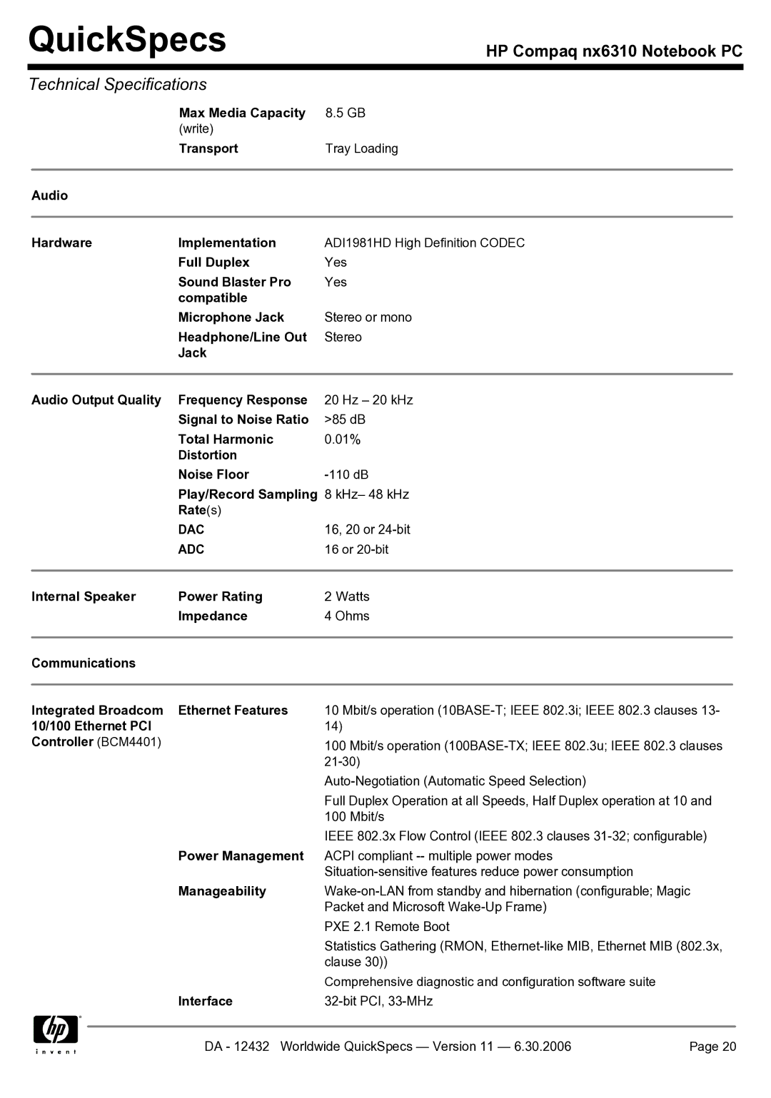 Compaq NX6310 Audio Hardware Implementation, Full Duplex, Sound Blaster Pro, Compatible Microphone Jack, Total Harmonic 