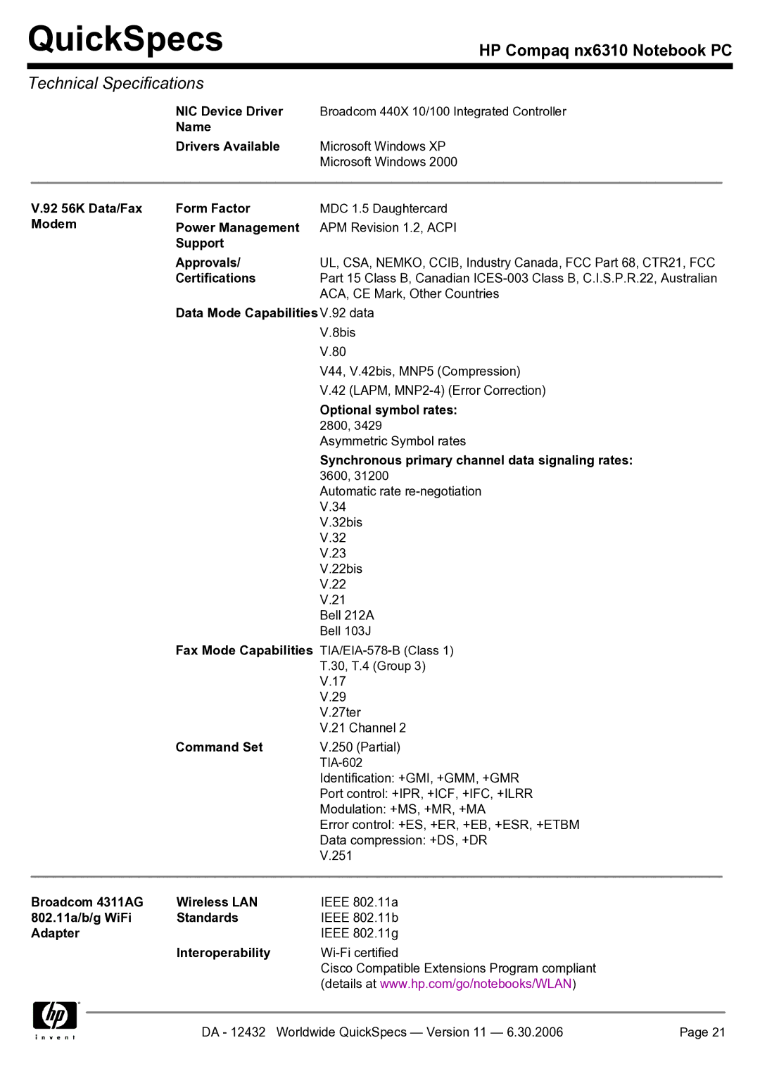 Compaq NX6310 NIC Device Driver, Name Drivers Available, 92 56K Data/Fax Form Factor, Modem Power Management, Command Set 