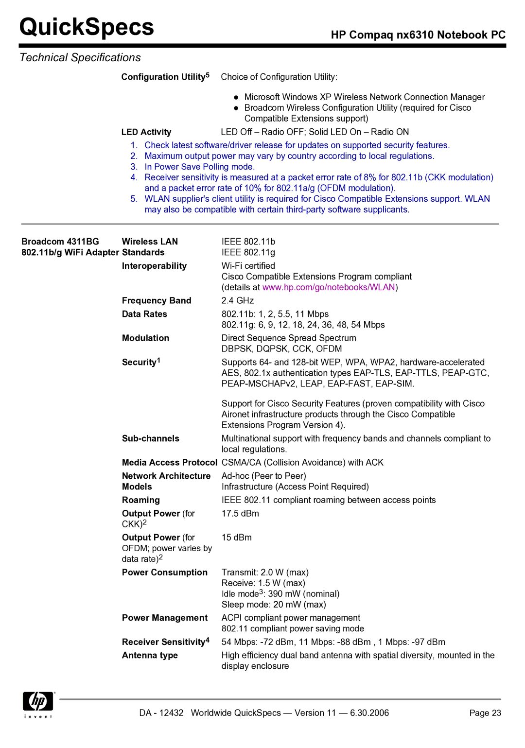 Compaq NX6310 manual LED Activity LED Off Radio OFF Solid LED On Radio on, Broadcom 4311BG Wireless LAN 