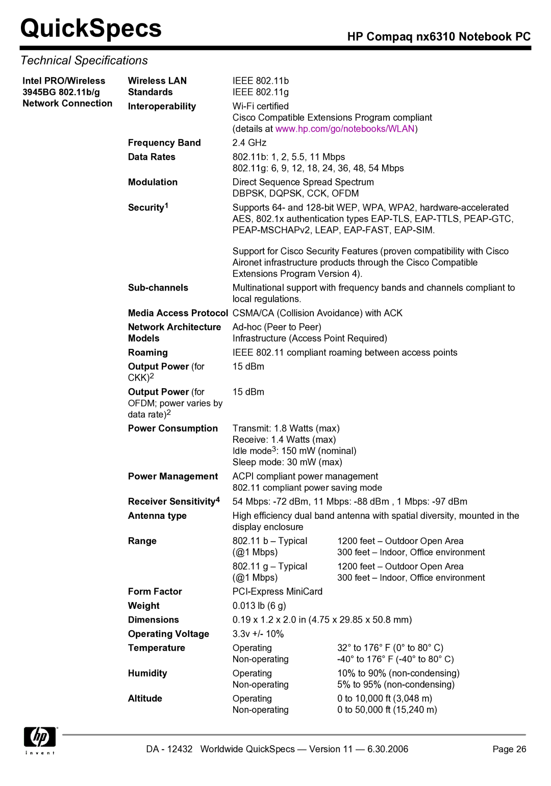 Compaq NX6310 manual 3945BG 802.11b/g Standards, Network Connection Interoperability 