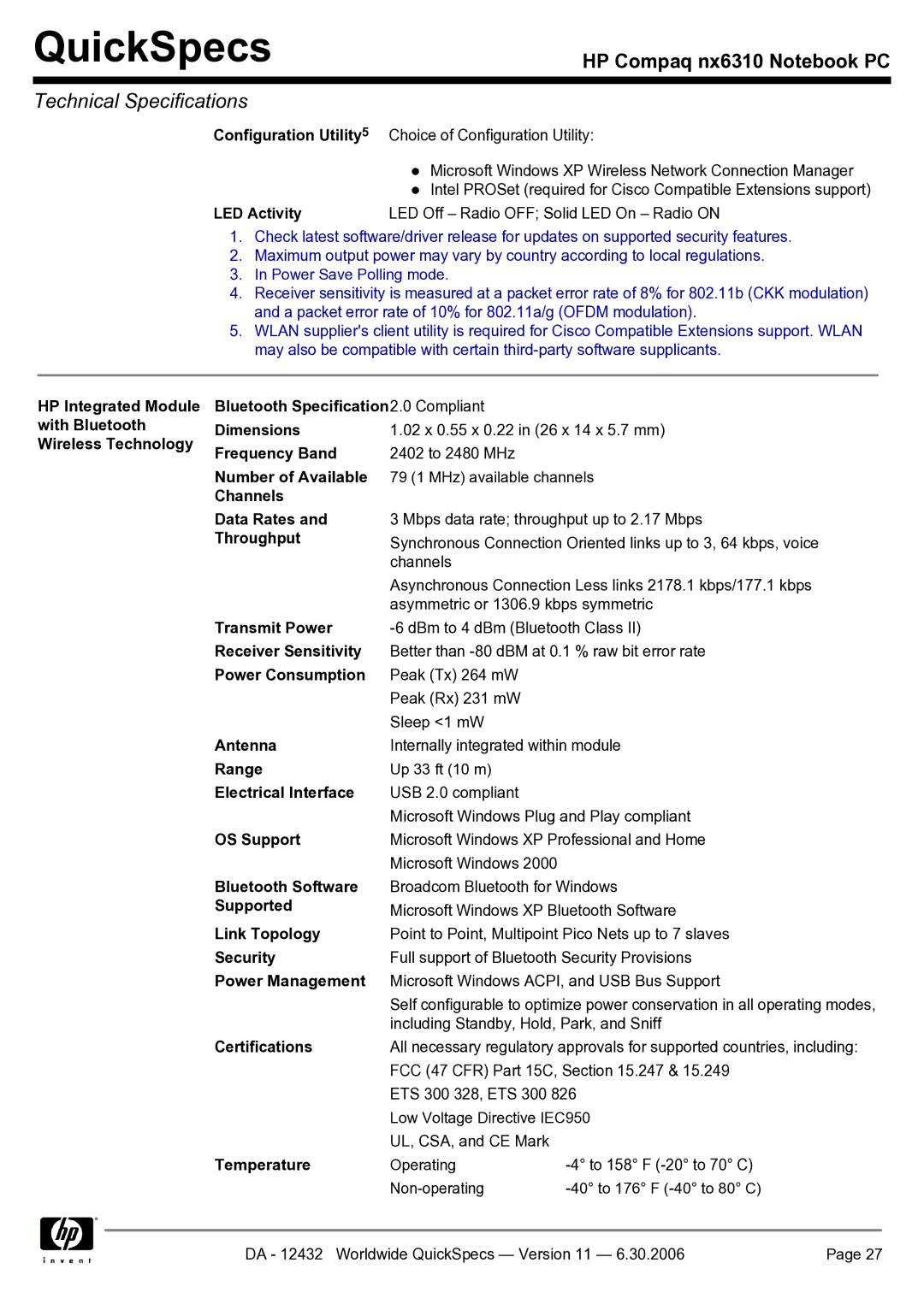 Compaq NX6310 Wireless Technology Frequency Band, Number of Available, Channels Data Rates, Throughput, Transmit Power 