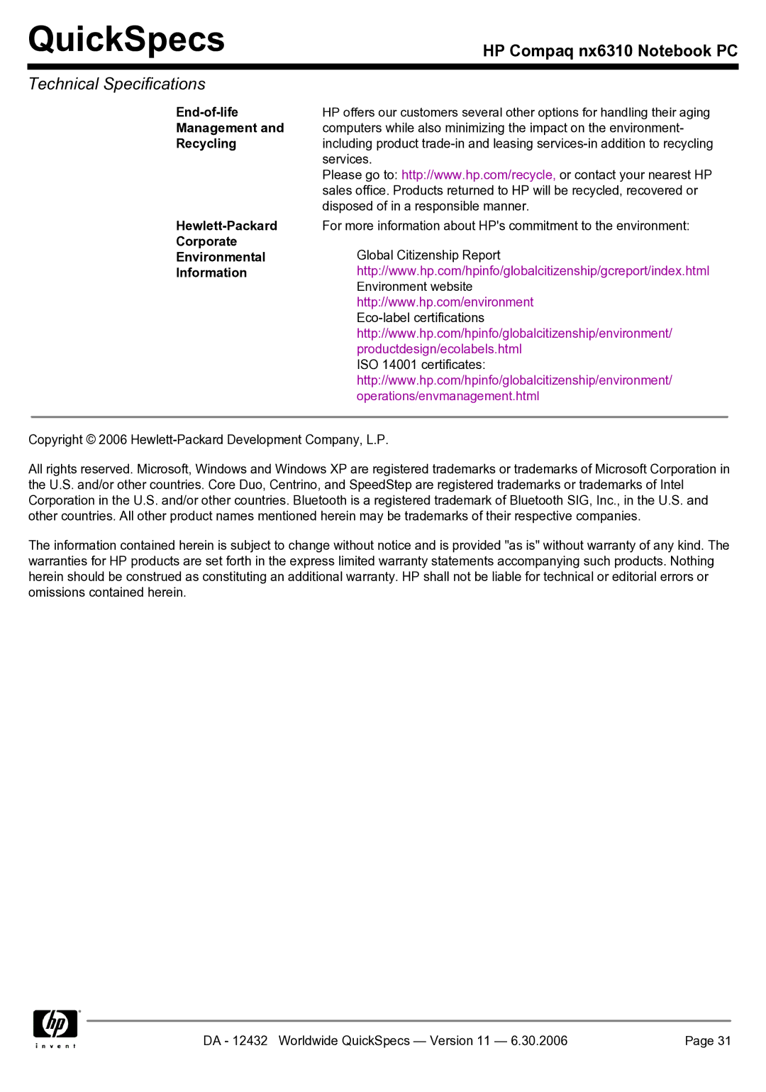 Compaq NX6310 manual QuickSpecs 