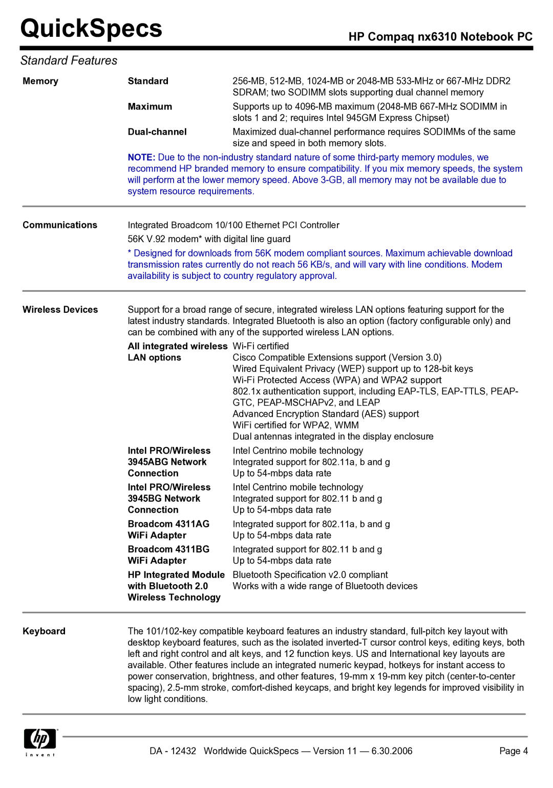 Compaq NX6310 manual Memory Standard, Maximum, Dual-channel, Communications, Wireless Devices, All integrated wireless 